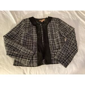 New Ellen Tracy Blazer Black White‎ Tweed Cropped Embellished Lined Jacket Sz 8